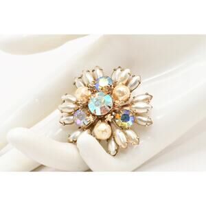 Vintage 1950s AB Rhinestone Faux Pearl Flower Brooch Gold Tone